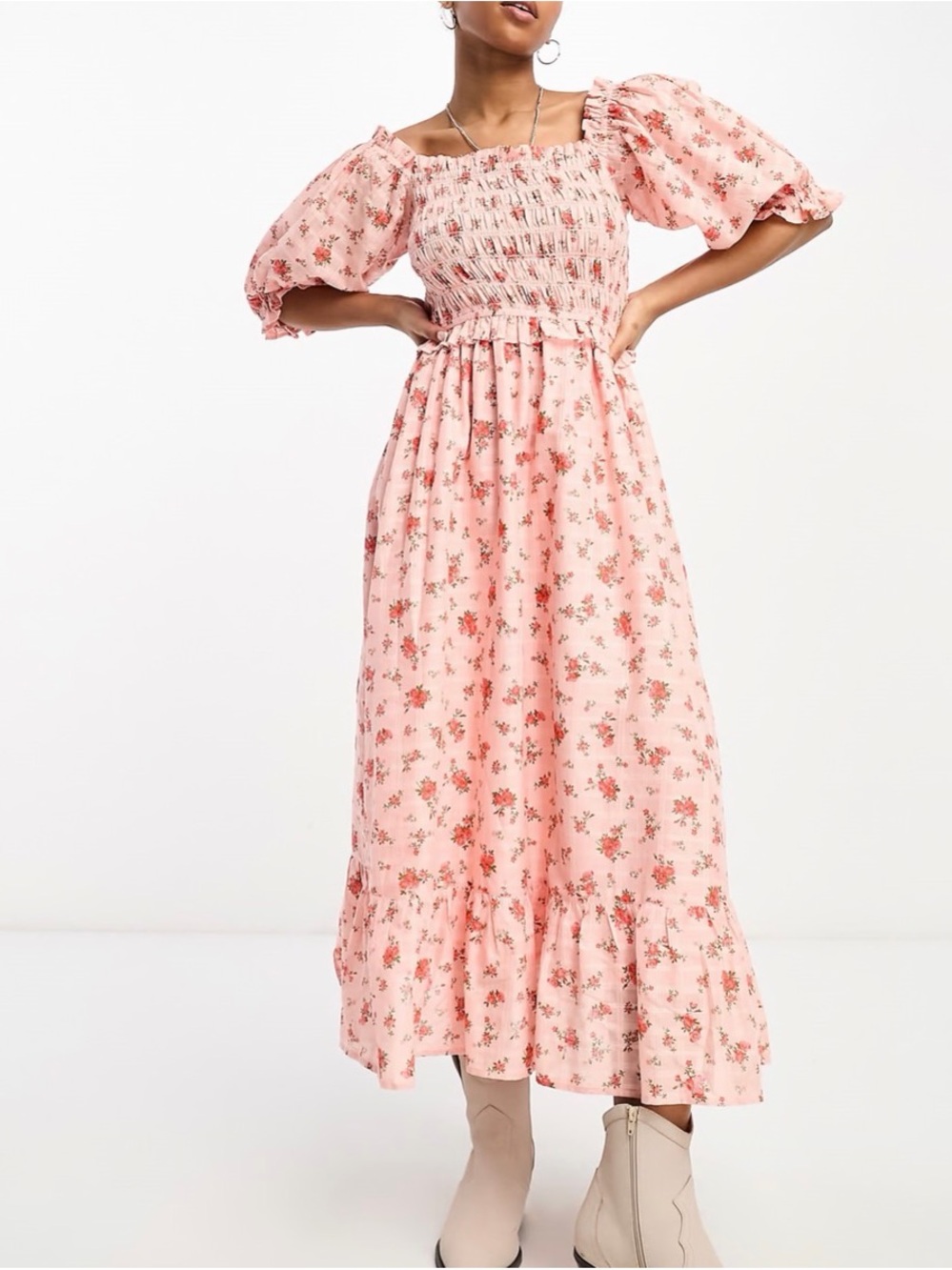Miss Selfridge Pink Floral Textured Shirred Midi Dress